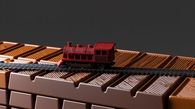 A red model train on tracks atop textured dark chocolate bars, isolated on transparent background. Concept of smooth travel, transport, and rich chocolate pleasure.