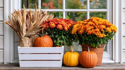 Fototapeta premium Autumn harvest pumpkins and mums decorating a window sill
