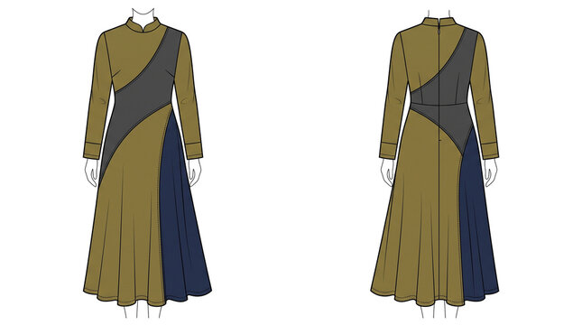 Women&rsquo;s Patchwork Midi Dress Flat Sketch &ndash; Front and Back Views With Long Sleeves and Asymmetrical Colorblock Design