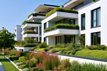 Fototapeta premium Modern apartment building with green roofs and lush landscaping