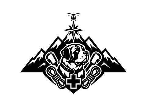 Monochromatic St. Bernard Dog Mountain Rescue Vector Illustration with Helicopter and Climbing Gear