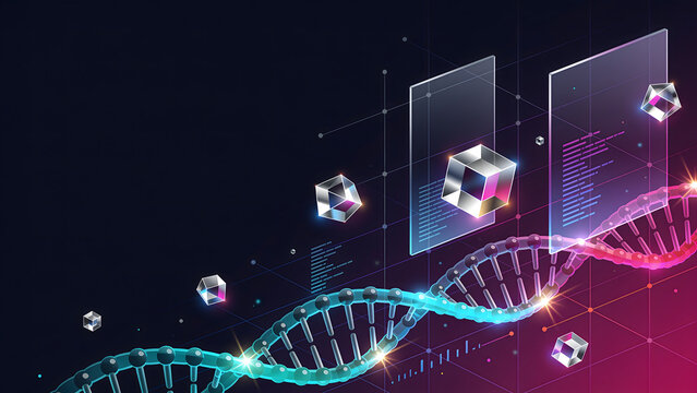 Glowing DNA strand with floating three dimensional cubes and digital interface panels, perfect for biotechnology banners, genetic science presentations, and futuristic tech graphics.