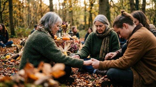 Woman sitting in forest circle, holding hand for spiritual autumnal equinox ritual, celebrating September harvest festival, gathering together around pagan altar on ground covered with brown leaf.
