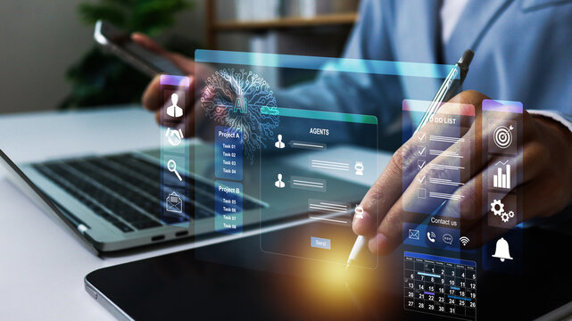 Artificial Intelligence for trading increase revenue asset and profit icon concept.Business hand holding Chart growth rate and growing arrow, analyzing investment diagram in business.