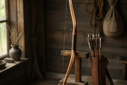 A tall longbow standing upright on a wooden rack with a quiver of arrows beside it.