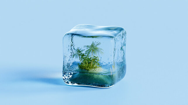 Small island with palm trees trapped in ice cube on transparent background. A visually compelling image of a tropical oasis inside an ice cube, highlighting environmental themes and climate change.