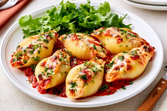 Stuffed pasta shells in tomato sauce with fresh greens