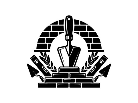Black and White Glyph Construction Masonry Builder Emblem with Trowel, Bricks, and Level Tools