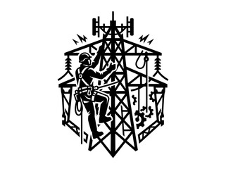 Fototapeta premium Black and White Illustration of Electrician Working on Power Line Tower
