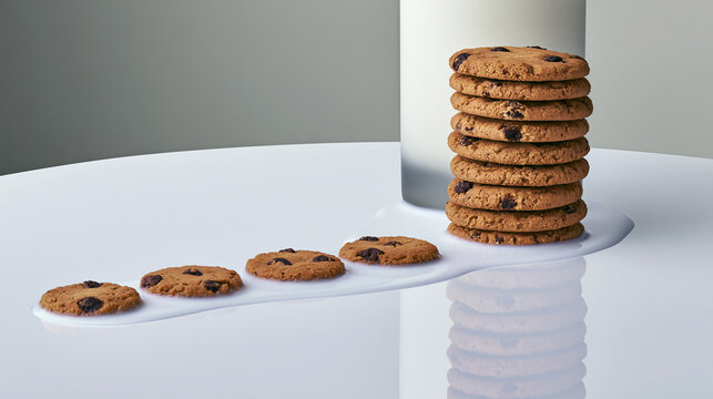 Chocolate chip cookies stacked next to a glass of milk isolated on transparent background - An inviting stack of chocolate chip cookies placed next to cold milk, evoking feelings of home and comfort.