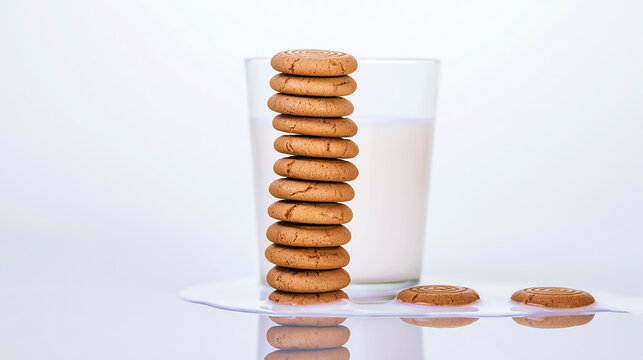 Stack of round cookies next to a glass of milk on transparent background, capturing a classic comfort snack ideal for bakery marketing.