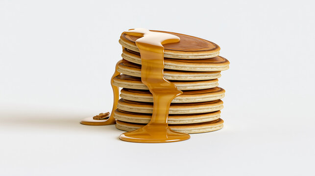 Tall stack of pancakes with dripping golden syrup on transparent background, emphasizing texture and appetizing qualities for culinary content.
