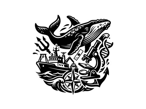 Monochrome Marine Biology Research Illustration: Whale, Ship, Microscope, DNA, Compass