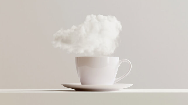 White coffee cup with steaming cloud on transparent background, suited for concepts related to morning energy, relaxation, and cozy atmospheres.