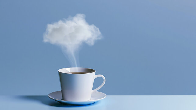 White coffee cup with steaming cloud on transparent background, ideal for themes of imagination, comfort, and caffeine.