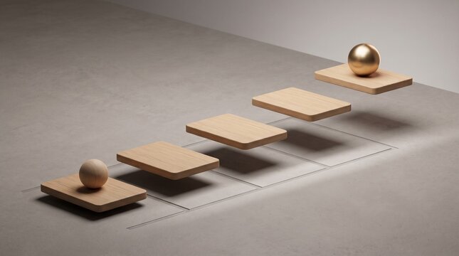 Wooden floating steps with gold sphere symbolizing progress