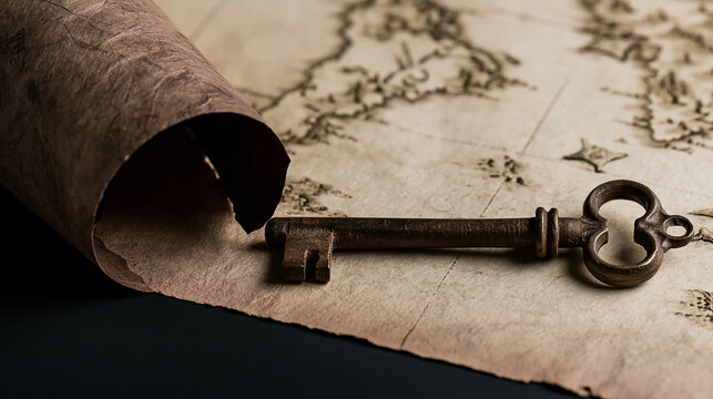 Antique Skeleton Key on Old Map on transparent background, symbolizing exploration, discovery, secrets, and travel adventures.