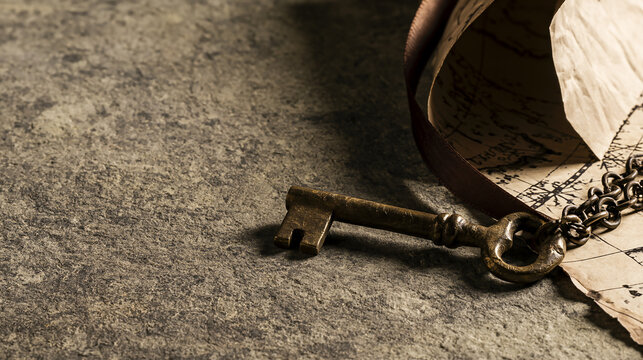 Antique Key with Chain on Old Map on transparent background, symbolizing hidden secrets, history, security, travel, and adventure.