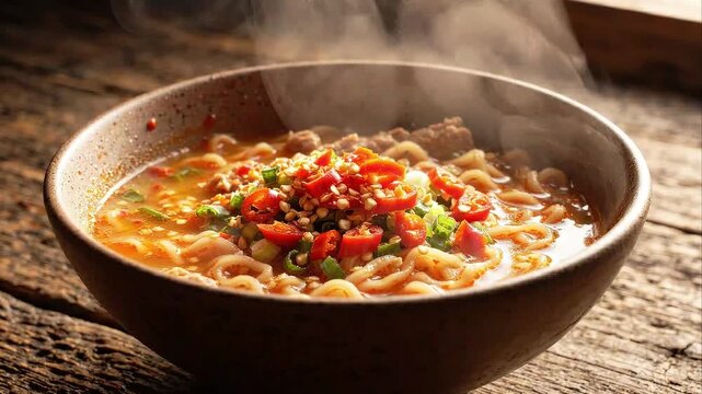 Slow Motion Chopped Red Chilies Falling into Steaming Noodle Soup
