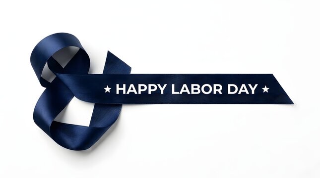 A dark blue satin ribbon with the text happy labor day printed on a white background surface