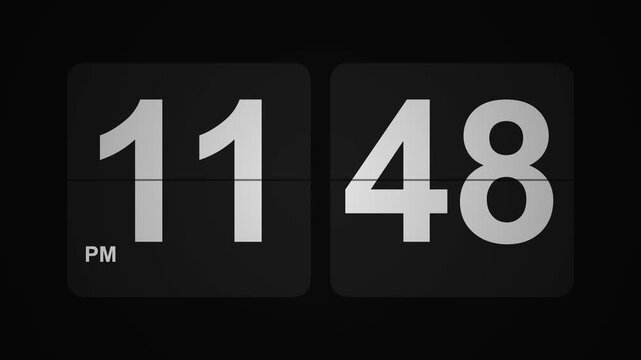 White digital flip clock showing evening time on dark background, representing time display, schedule, deadline, and countdown motion graphic.