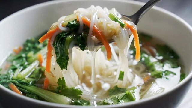 Lifting Clear Glass Noodles and Vegetables from Soup Bowl