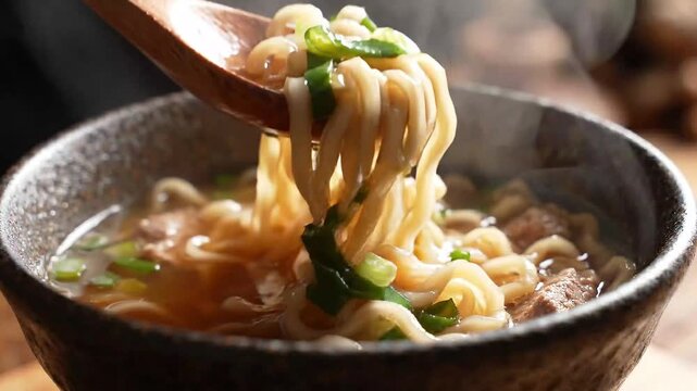 Wooden Spoon Lifting Steaming Ramen Noodles from Hot Soup
