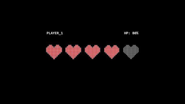 White PLAYER_1 text with red hearts health bar on black background, representing video game health status, lives remaining, and gaming ui motion graphic.
