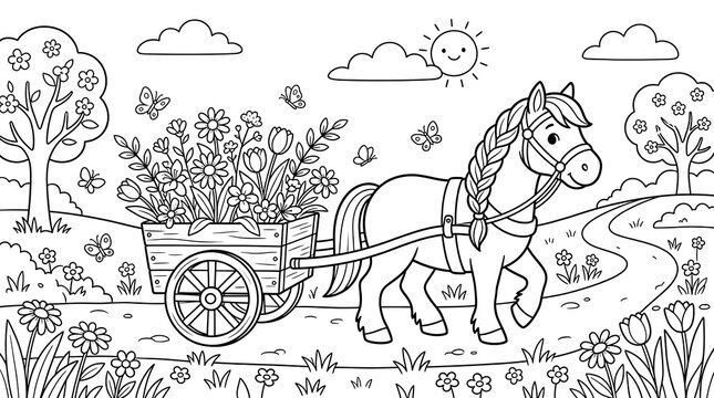 A black and white coloring page of a pony with a braided mane pulling a wooden cart full of spring flowers along a path under a smiling sun