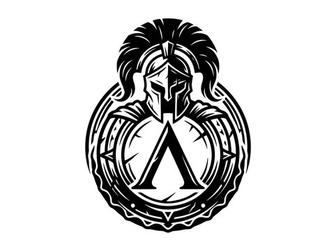 Ancient Greek Warrior Spartan Helmet and Shield Logo with Lambda Symbol - Black  White Vector Emblem
