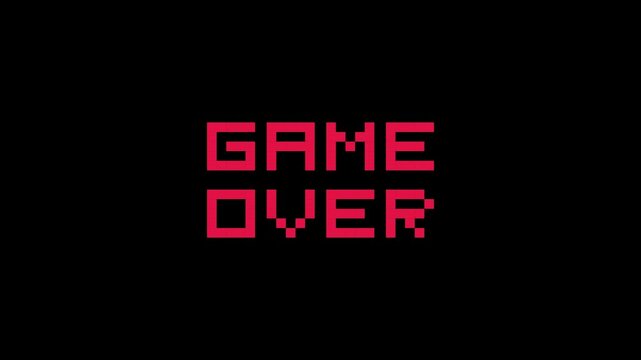 Red GAME OVER pixel text on black background, representing video game failure, arcade defeat, and retro gaming motion graphic.