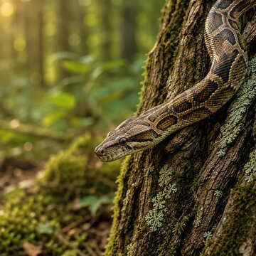 Large python snake resting on a moss-covered tree trunk in a lush tropical forest.