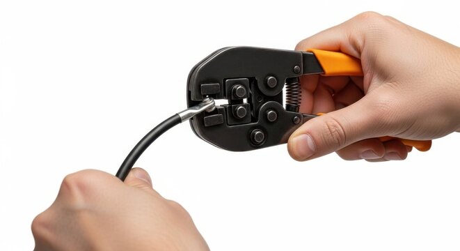 Hands using a professional crimping tool on a black cable