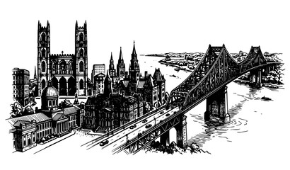 Obraz premium Vintage hand drawn Montreal city architectural sketch vector with historic landmarks and bridge