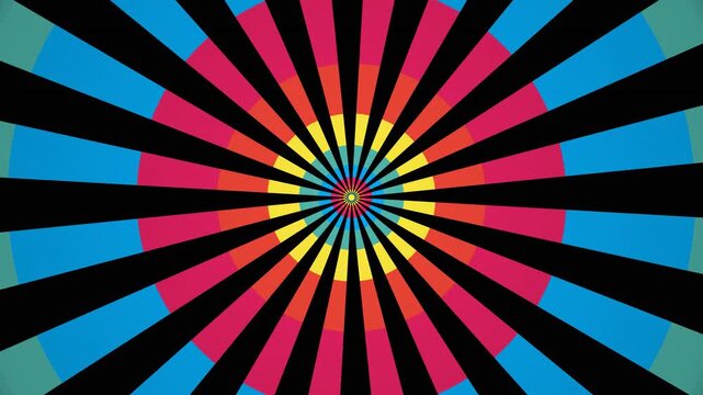 Colorful blue pink yellow radial burst pattern on black background, representing vibrant celebration, retro sunburst, and energetic motion graphic overlay.