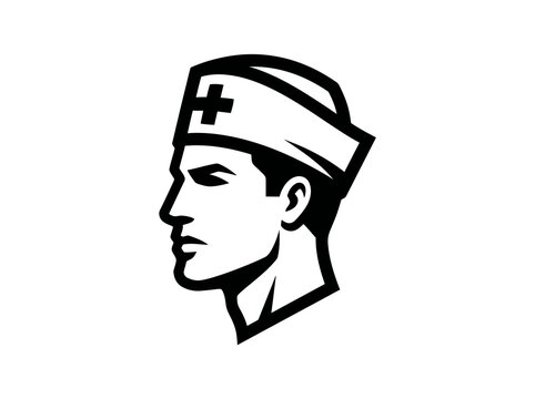 Healthcare Male Nurse Head Profile Mascot Black and White Stylized Illustration