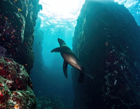 Seal swimming through narrow underwater rock canyon.
