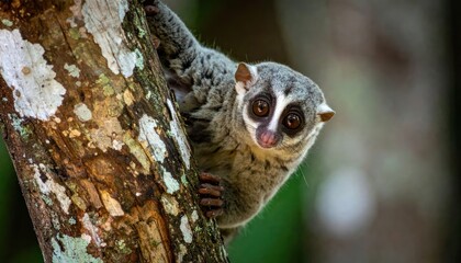 Naklejka premium Slender loris primate clinging to tree bark in forest.