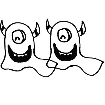 Doodle Brush Happy Cartoon Monster with Horns and Big Eye, Hand Drawn Black Outline Vector on White Background

