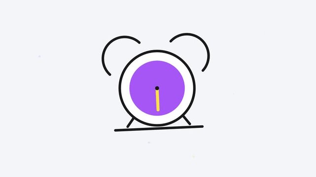 Purple alarm clock icon on white background, representing wake up, morning routine, reminder, and time management motion graphic.