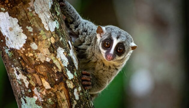 Slender loris primate clinging to tree bark in forest.