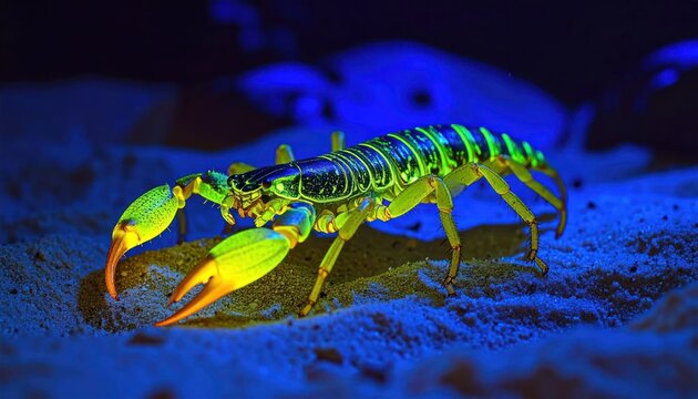 Fluorescent green scorpion on dark desert sand.