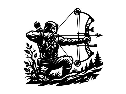 Archer Hunter with Compound Bow and Arrow in Woodcut Style Black  White Line Art Vector Illustration