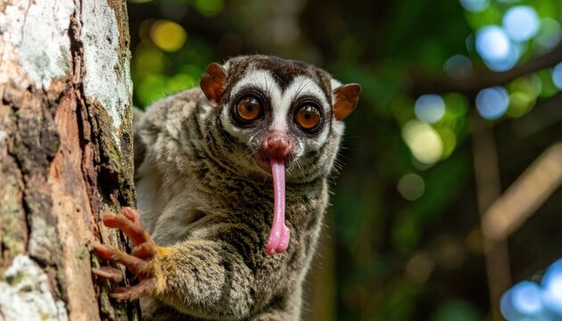 Small primate with large eyes on tree trunk.