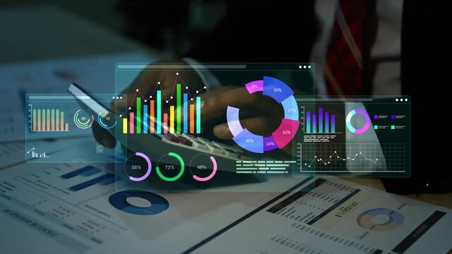Holographic stock market chart graph data chart animation on the screen, Business person using a calculator over holographic financial reports with digital charts overlay 