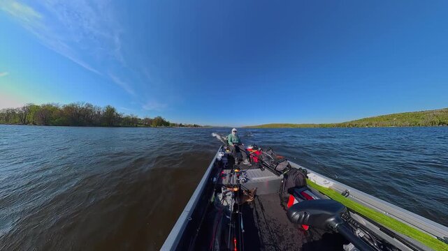 Small power boat speeding along the surface of the North American lake. Fishing boat with outboard motor floats on the water waves in the lake creating wake and white foamy trace.