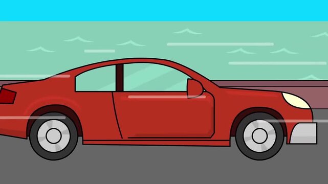 2D animation side view of a red coupe sports car driving along a coastal road near the blue ocean summer trip