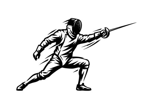 Fencer in Action Black and White Line Art Vector Illustration