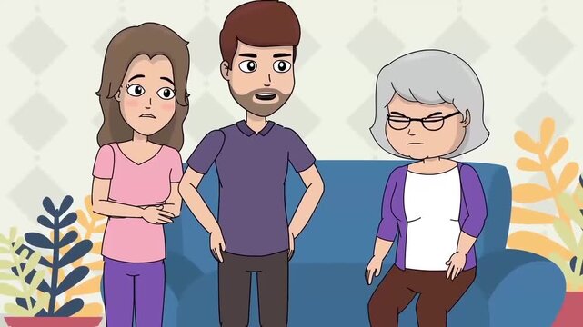 2D animation of a young couple having a serious conversation and conflict with an elderly mother in a living room