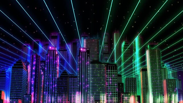 Futuristic RAINBOW cyberpunk cityscape animation with glowing neon skyscrapers, colorful city lights, laser beams, and a vibrant digital atmosphere.